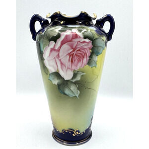 Antique Hand Painted Nippon Vase Blue Gold Pink Roses 7.5" Handles Ruffled READ